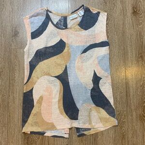 Abstract Patterned 100% Linen Sleeveless Top Size Medium